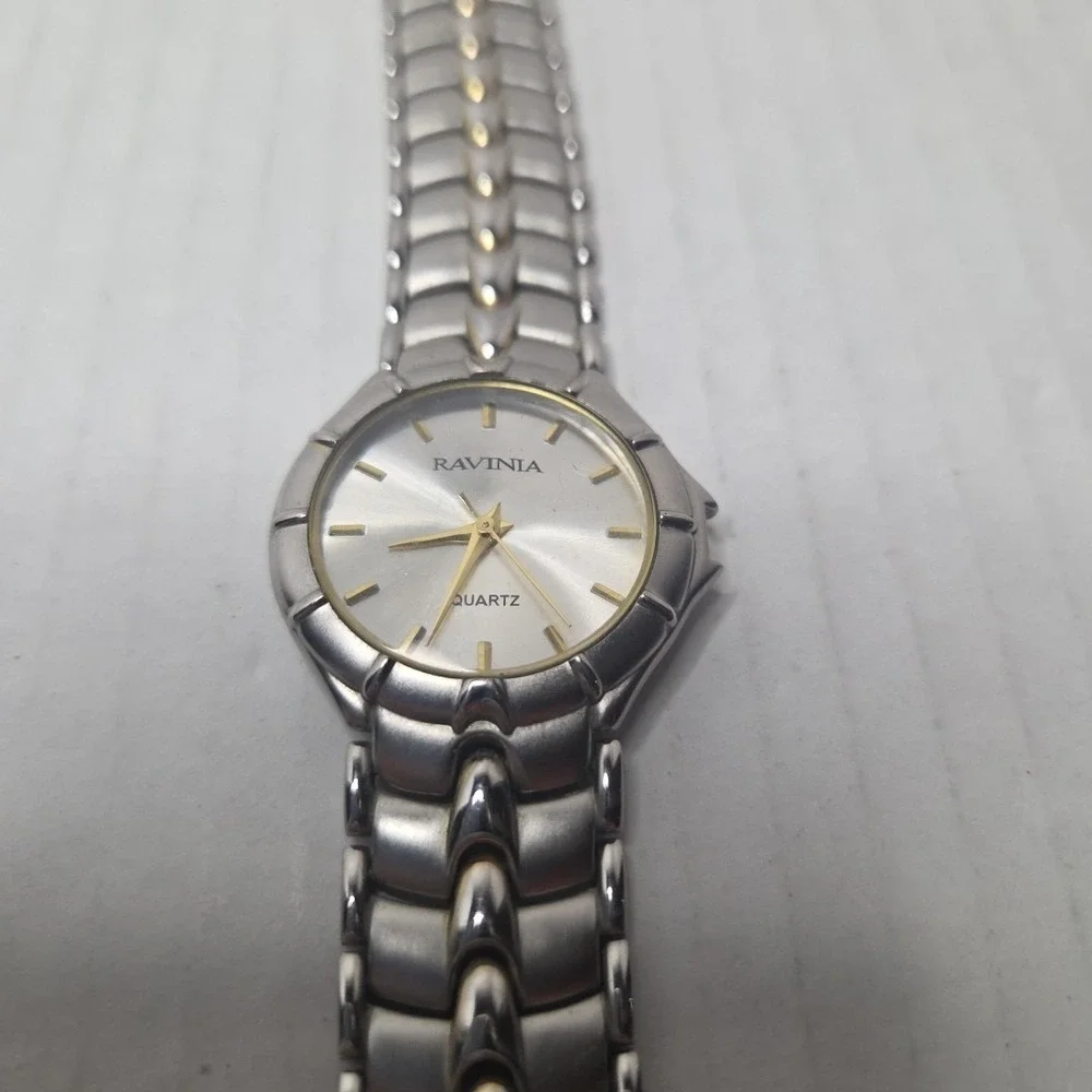 Ravina Men's Fashion Quartz Watch Round Silver Tone Gold Indices Matte Band READ